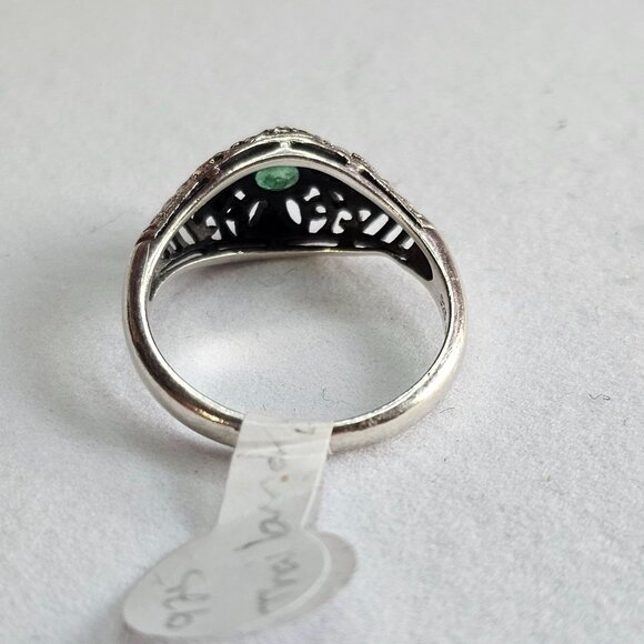 Antique-Style 925 Filigree Sz 7 Ring Emerald Green Stone Intricate Tiny Diamond - Picture 8 of 9
